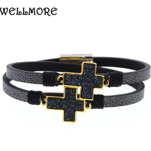 WELLMORE 6 colors two Layer leather bracelet fashion cross stone bracelets charm bracelets for women party jewelry wholesale