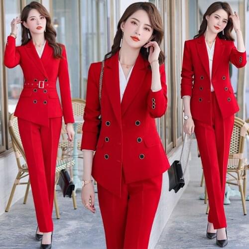 Womens suit spring new solid color Korean double-breasted professional suit foreign style fashion slim trousers two-piece suit