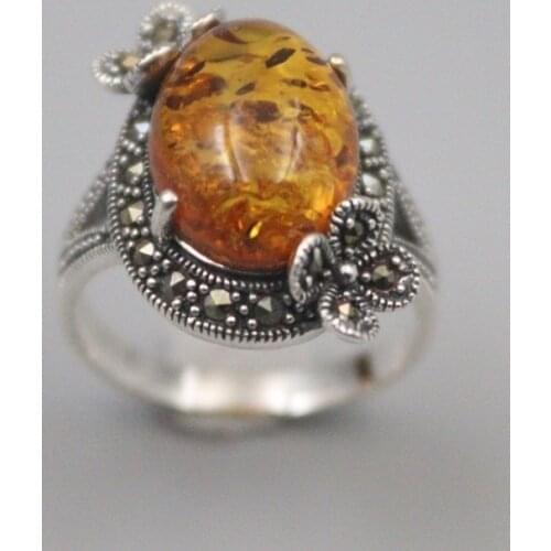 Free Shipping S925 Sterling Silver Ring Women Luck Amber Oval Shaped Flower Ring 21mmW / Best Gift