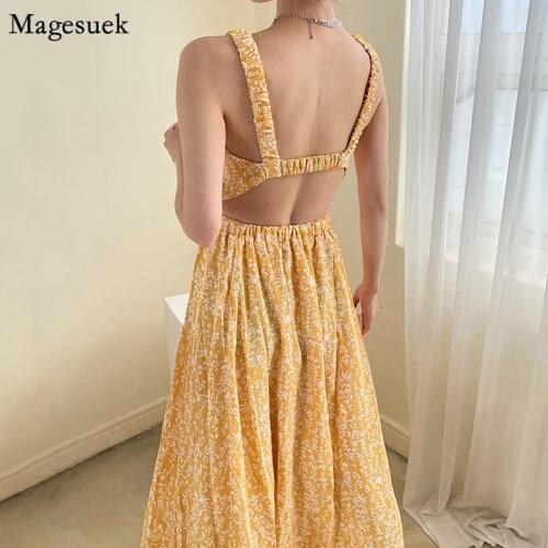 Vintage Floral Woman Dress Summer 2021 New Back Hollow Sexy Party Print Dress Elegant Korean Style High Waist Dresses Robe 15523