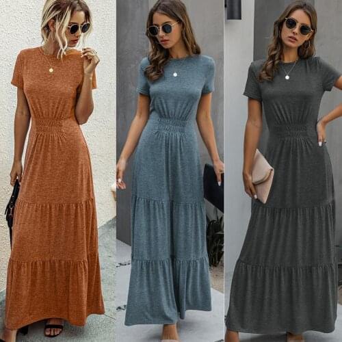Casual Maxi Dress Women Elegant O Neck Short Sleeve Long Dress Summer Solid Draped High Waist Ruffle Party Dresses Robe Vestidos