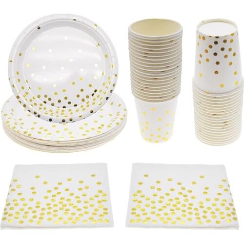 10 person Gold Foil White Theme wedding tableware party disposable supplies birthday decor adult disposable plates,cups,napkins