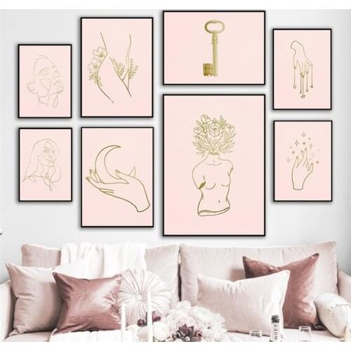 Abstract Line Figure Flower Poster Wall Art Canvas Painting Pink Gold Print Home Minimalist Decor for Living Room Design Picture