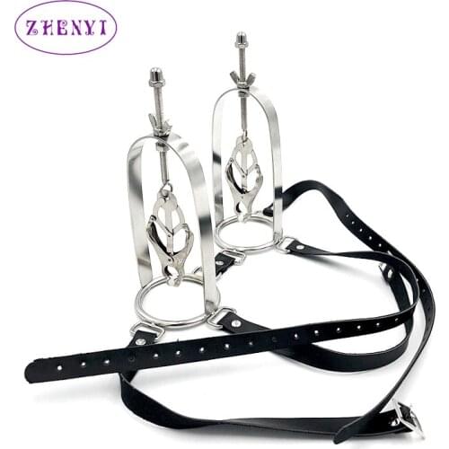 BDSM Restraint Fetish Sex Toys Leather Bondage Female Stainless Steel Adjustable Torture Play Clamps Metal Nipple Clips Breast