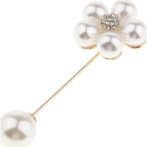 Flower Imitation Pearl Rhinestone Brooch Stick Collar Lapel Boutonniere Pin