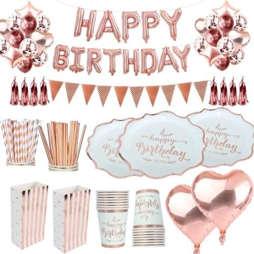 CYUAN Rose Gold Happy Birthday Disposable Tableware Wedding Decoration 1th Birthday Kids Plates Cups Baby Shower Party Balloons