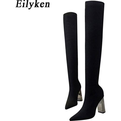 Eilyken Fashion Knitting Stretch High Heels Over The Knee High Women Boots Pointed Toe Female Black Sexy Nightclub Winter 2021
