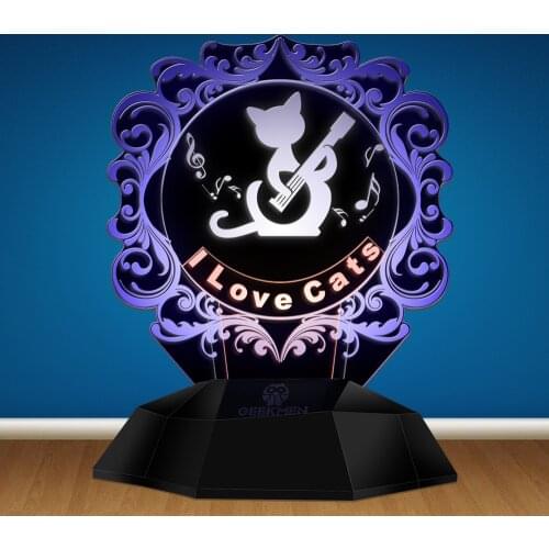 I Love Cats 3D Line Lamp Home Decor Table Lamp Musical Cat Guitarist 3D Optical Illusion Lamp Pet Cat Kitty Novelty Night Light