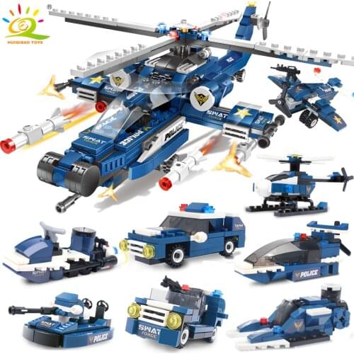 HUIQIBAO 515pcs 8in1 SWAT Police Building Blocks City Helicopter Car 8 Policeman Figures Bricks Educational Toys for Children