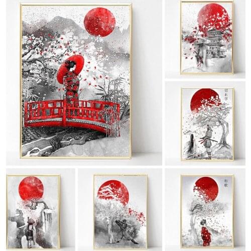Japanese style Samurai Geisha Kimono Woman Graffiti watercolor Black and White Posters Prints Living Room Canvas Painting Decor
