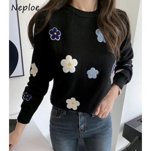 Neploe Embroidery Flowers Knitted Pullover Autumn and Winter Retro Loose Fashion Sweater Round Neck Long Sleeves Women Sweaters
