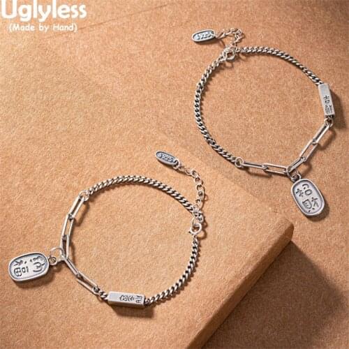 Uglyless Thai Silver Pin Chains Bracelets for Women Chinese Be Rich Square Charms Bracelet 925 Silver Ethnic Dress Jewelry Retro