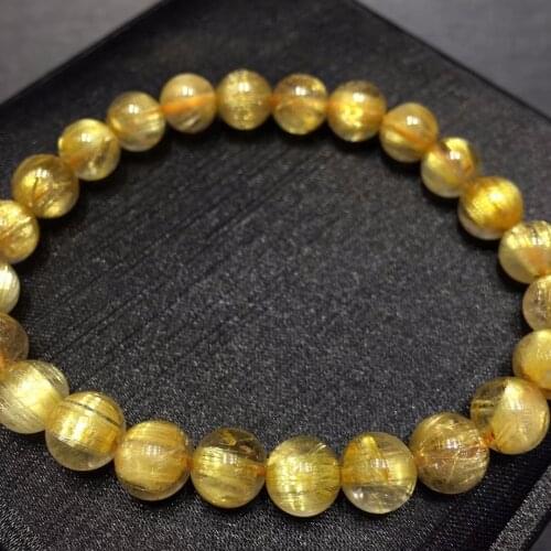 8mm Top Natural Gold Rutilated Quartz Bracelet Jewelry For Women Lady Man Healing Wealth Gift Crystal Round Beads Stretch AAAAA