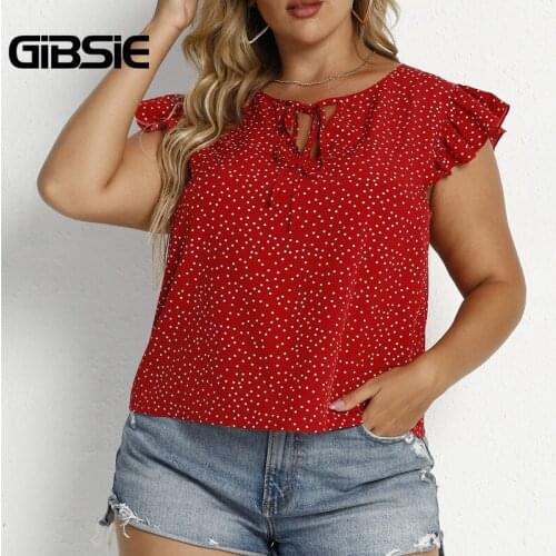 GIBSIE Polka Dot Tie Neck Ruffle Sleeve Blouse Plus Size xxxl 4xl Women Summer Casual Sweet Ladies Blouses And Tops Clothes New