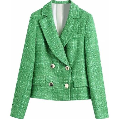 2021 New Women Fashion Double Breasted Tweed Blazer Coat Vintage Long Sleeve Female Outerwear Chic Veste Femme