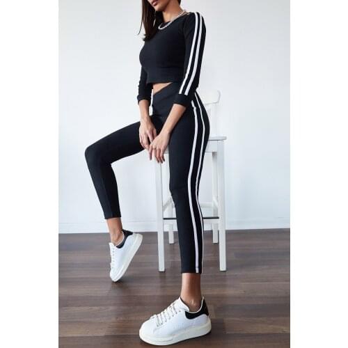 Womens Black Ribbon Detail Tracksuit Set