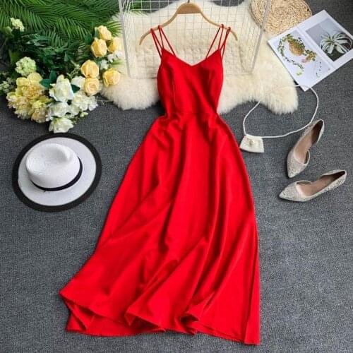 2021 Vintage Sleeveless Women Dress Summer Sexy Backless Long Dress Female Elegant Red Beach Party Dress