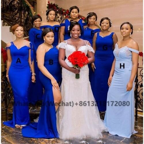 African Royer Blue Black Womens Mermaid Bridesmaid Dresses Elastic Satin Sweep Train Wedding Party Bridesmaid Dress 2021