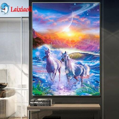 Diamond Painting Two white horses DIY 5D Diamond Mosaic full Square Round Cross Stitch Diamond Embroidery sunset beach planet