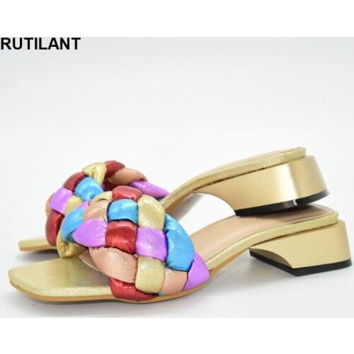 Fashion 2021 Special Arrivals Wedding Gold Color Nigeriain Shoe Ladies Square Toe Low Heel Elegant Sandals Female Elegant Shoes