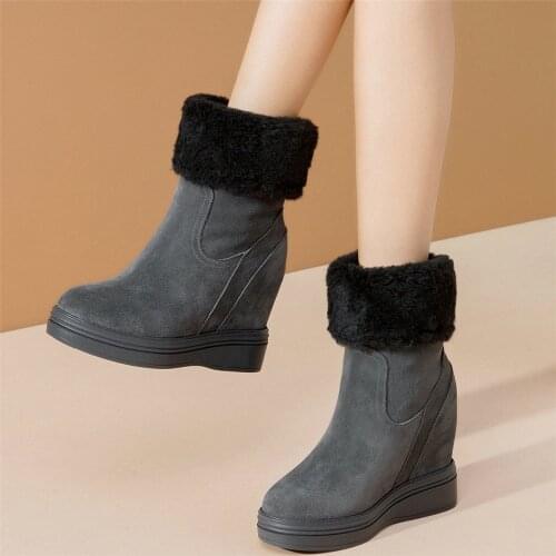 2021 Warm Creepers Women Genuine Leather Wedges High Heel Ankle Boots Female Winter High Top Round Toe Snow Boots Casual Shoes