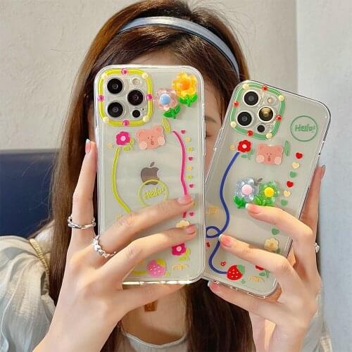 INS Cute Cartoon Bear Phone Case for iphone 11 12 Pro Max Mini XR X XS 7 8Plus Fashion 3D Flower Transparent Shockproof Cover