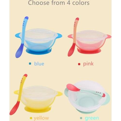 Baby sucker bowl with temperature spoon set baby childrens training bowl plastic bowl set silicone plate for baby