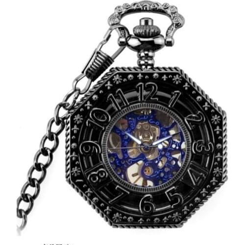 Hot Sell Black Hollowed Number Mechanical Pendant Pocket Watch Retro Skeleton Octagon Steampunk Open Face Gift Pocket Watch