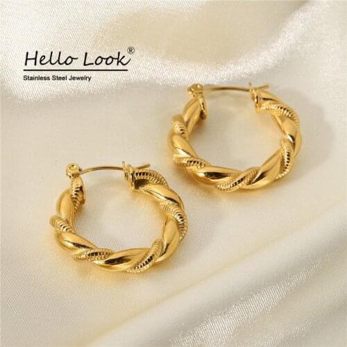 HelloLook 18K Gold Plated Stainless Steel Twist Hoop Earrings Women Hypoallergenic Earrings Helical Hoop Earrings Jewelry