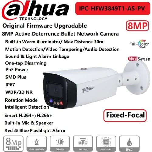 IP Camera Dahua 8MP IPC-HFW3849T1-AS-PV Fixed-Focal Bullet WizSense Network Buil-in Mic&Speaker PoE Onvif Protect IP67 Colorful