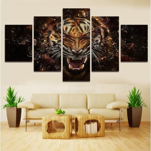 5 Pcs Abstract Wall Artworks Ferocious Tiger Printed Picture Modern HD Picture Home Decoration Living Room Canvas Oil Painting