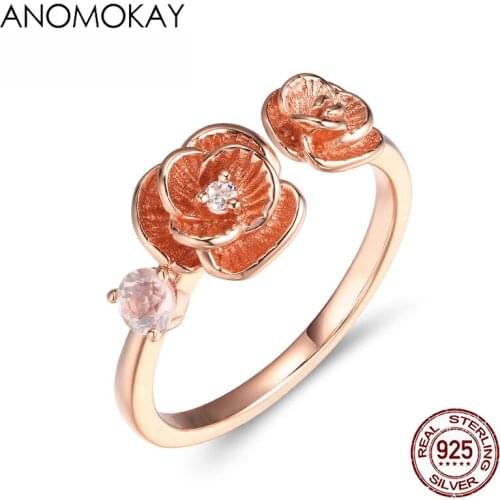 Anomokay Romantic Rose Gold Flower Open Rings for Women Mom 100% 925 Sterling Silver Floral Rings for Party Anniversity