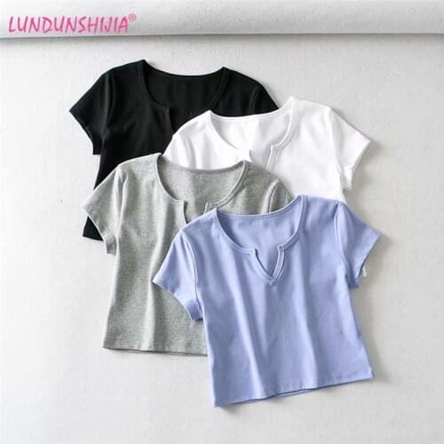 LUNDUNSHIJIA Small V-neck Short Style T-shirts For Women 2020 Summer New Fashion Slim 90%Cotton Tee Tops 4 Colors