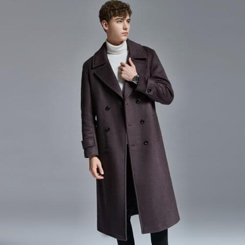 2019 Autumn/Winter New Causal Extra Long Wool Coat For Mens Fashion Double Breasted Purple Brown Woolen Coat Free Shipping