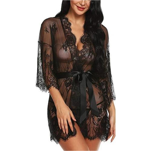 New Exotic Sexy Eyelashes Lace Long-sleeved Nightgown Perspective Hollow Ladies Sexy Pajamas Kawaii Babydoll Sexy Dress for Sex