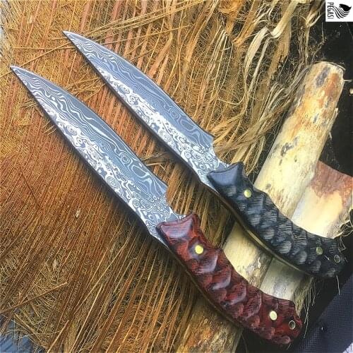 PEGASI (khaki,red ) handle damask pattern forge 440 stainless steel fixed knife 58HRC or camping knife
