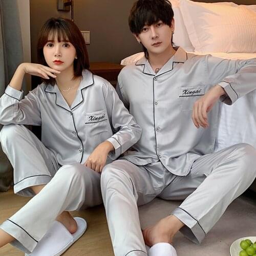 New Hot Couple Pajamas for Lovers Spring and Autumn Long-sleeved Couple Pajamas Women Cute Thin Ice Silk Mens Silk Home Service