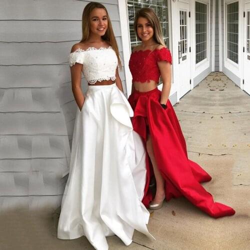 Eightale Two Piece Prom Dresses with Pockets Boat Neck Appliques Cap Sleeves Satin Side Split Evening Party Dress for Graduation