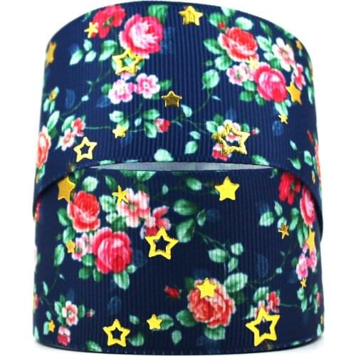 22-75mm gold foil flower printed glowing star ribbon Accessory hairbow headwear DIY handmade hair bows accessories