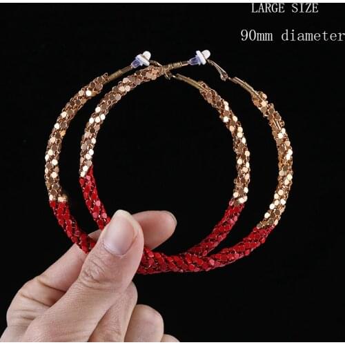 90mm Large Circle Exaggerated Sequin Twine Gold Clip on Hoop Earrings for Women with Cushion Pad No Pierced Fashion Jewelry