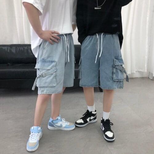 Blue Overalls Denim Shorts Loose Straight Five-point Pants Washed Jeans Thin Casual Summer Big Pocket Clothes Hiphop Streetwear