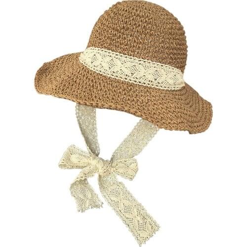 Foldable handmade straw hat with summer lace strap and large brim beach hat with sun protection