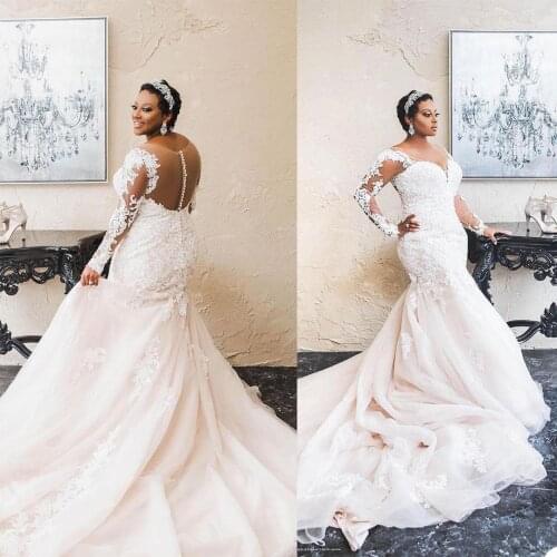 African Plus Size Mermaid Wedding Dress V Neck Long Sleeve Bridal Gowns robes de mariée Sheer Back Bride Dresses