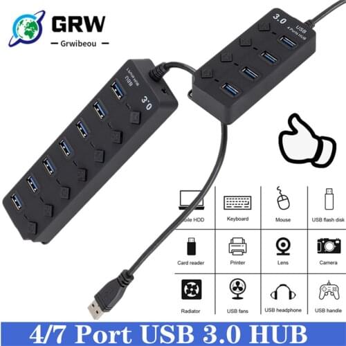 USB Hub 3.0 4 7 Port High Speed Multi Splitter Power Adapter Switch LED Indicator For MacBook Laptop Pc Computer Accessories