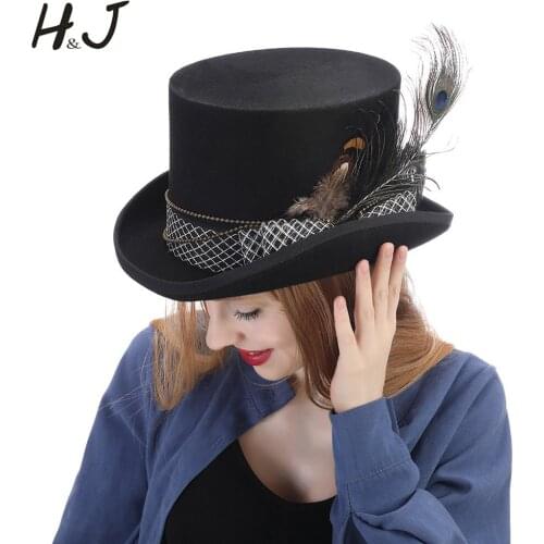 100% Wool Black Women Steampunk Top Hat For Lady Handmade Fashion Feather Fedora Cosplay Magic Hat Top 15CM 4 Size