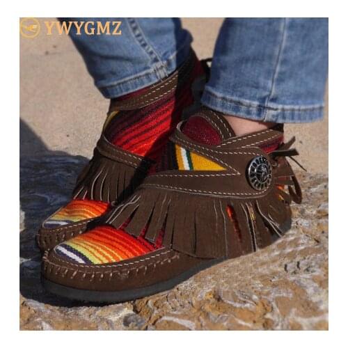 Women Tassel Stripe Ankle Boots 2020 Womens Sewing Warm Woman Flats Female Shoe Ladies Casual Hook Loops Footwear Plus Size 43