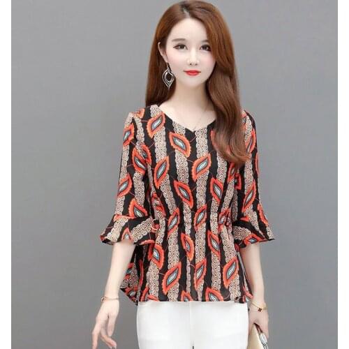 Women Spring Summer Style Chiffon Blouses Shirts Lady Casual Short Flare Sleeve Flower Printed Blusas Tops ZZ0320
