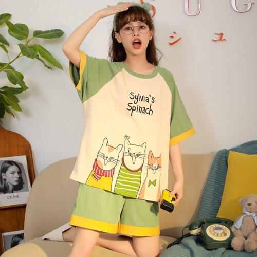 Womens Pajamas Set Cute Cat Pattern Print Sleepwear Round Neck Nightwear Fashion Short Pijama Pyjama Cartoon 2PCS Underwear