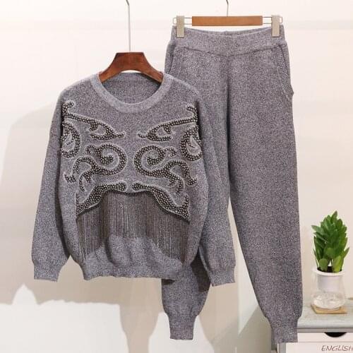 Spring Autumn Fashion Black Gray Knitted Tracksuit Beading Tassel Long Sleeve Sweater + Long Pants Two piece Set Women Outfits