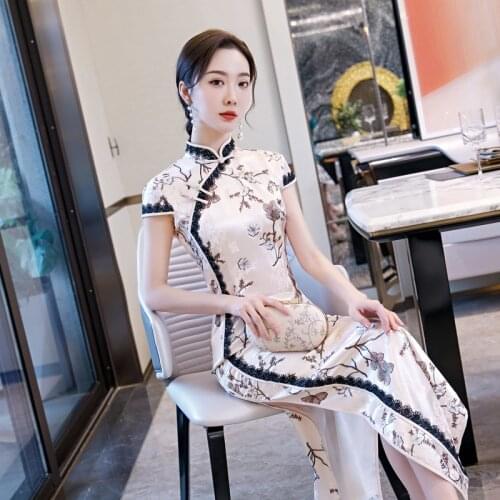 2020 Spring Printed Short-Sleeved Long Cheongsam Performance Large Size Temperament Chinese Style Daily Thin Qipao Dress Платье